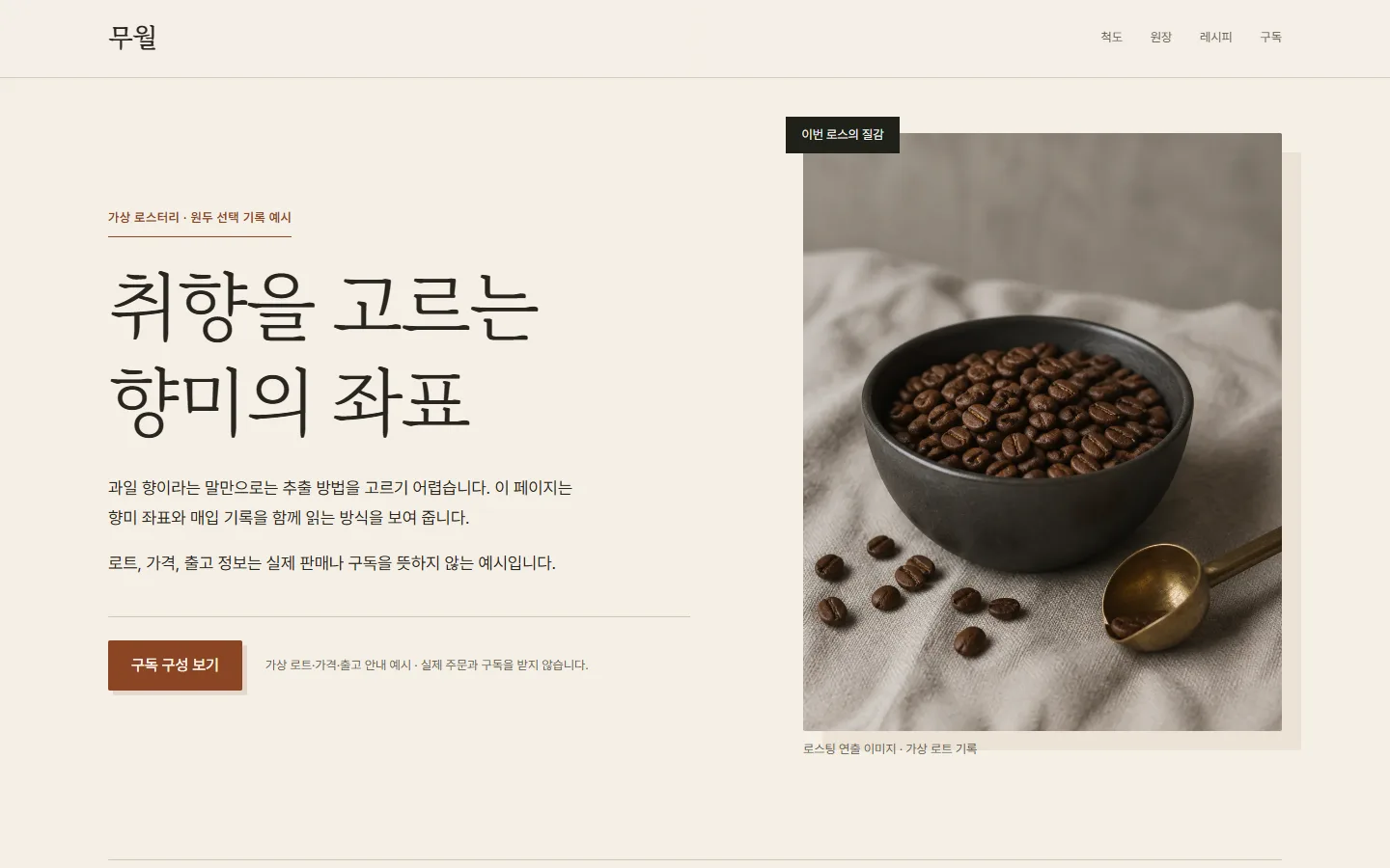 무월 로스터리 — 원두 사진과 원두명·중량·예시 가격 행, 향미 좌표 플롯
