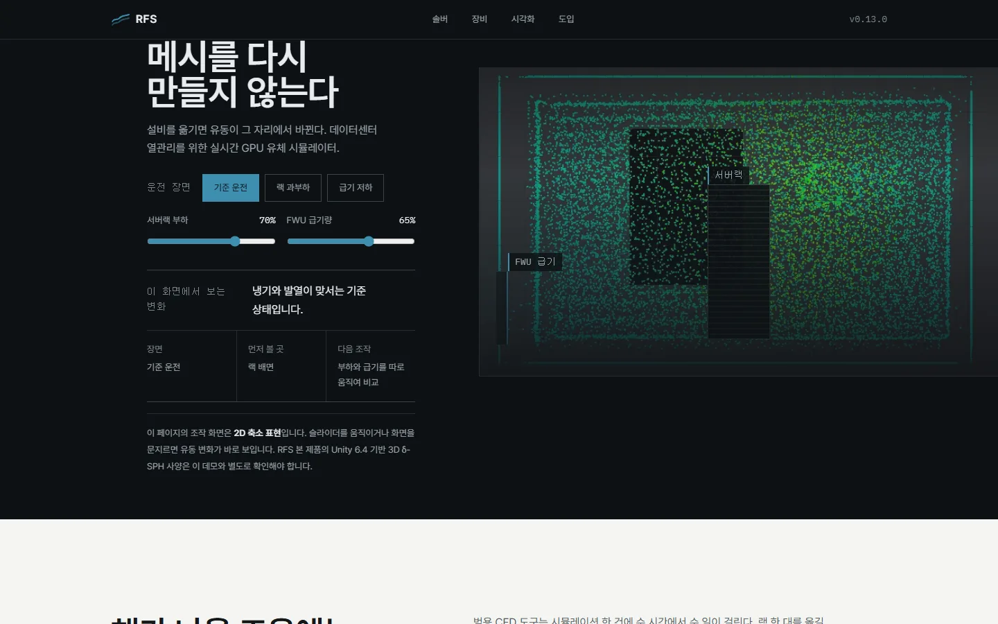 RFS — 어두운 계기면의 서버랙 열유동 캔버스와 랙 부하·급기량 조절값