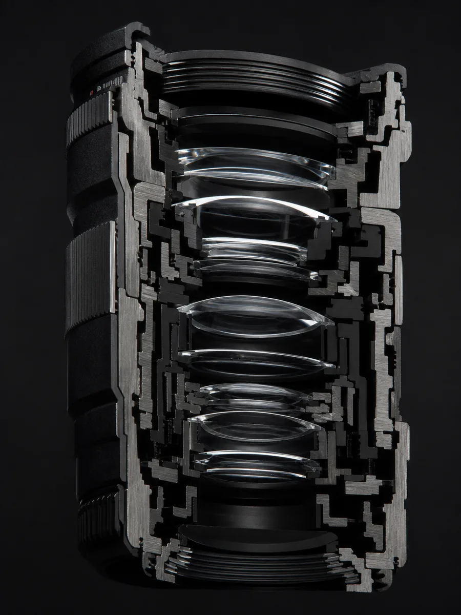 Cutaway of a precision lens: a stack of glass elements in a metal barrel, edge-lit so each surface shows a refraction line