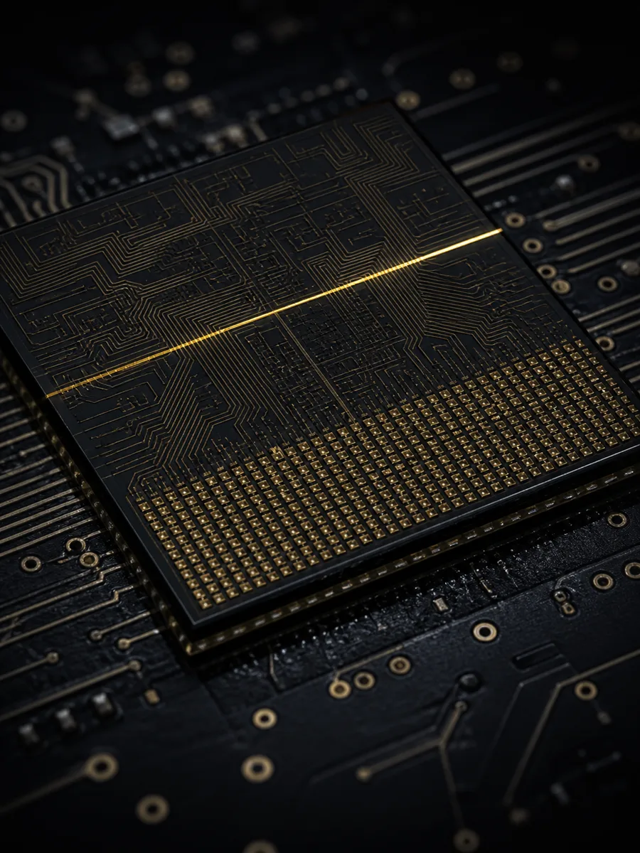 A black silicon neural interface die with dense gold traces and a micro-electrode grid at one edge